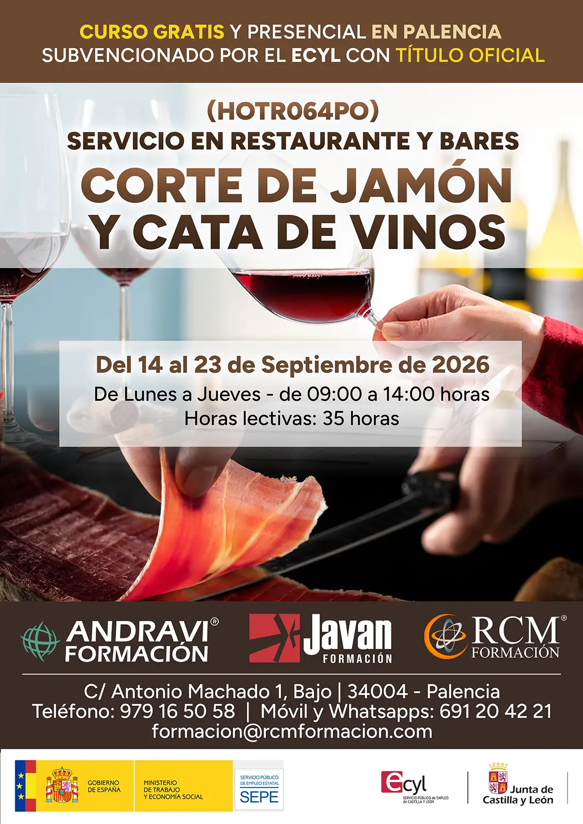 Curso gratis en Palencia de Corte de Jamón y Cata de Vinos